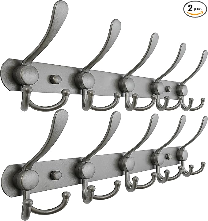 Dseap Coat Rack Wall Mounted - 5 Tri Hooks, Heavy Duty, Stainless Steel, Metal Coat Hook Rail for Coat Hat Towel Purse Robes Mudroom Bathroom Entryway (Grey, Pack of 2)