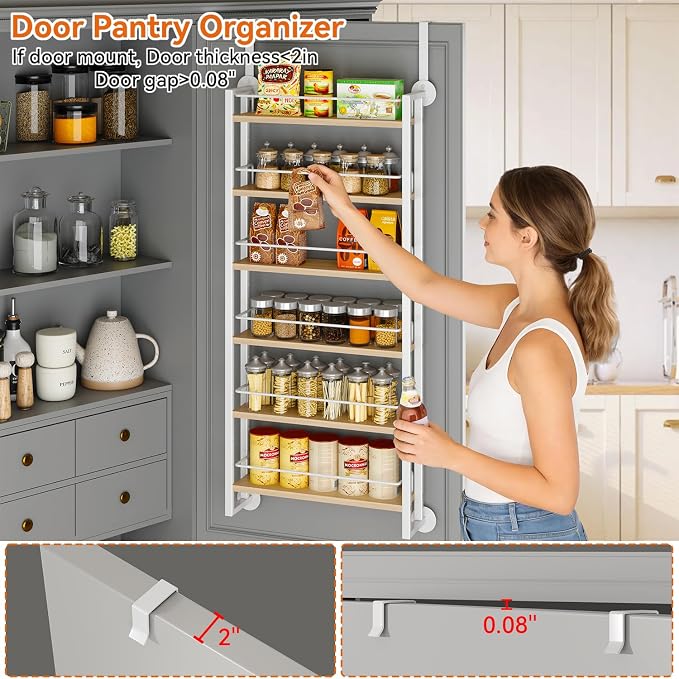 IBUYKE Over the Door Spice Organizer,Door or Wall Mount,Natural TLJ028R | 6 Tier Wall Mounted Spice Rack Adjustable Hanging Storage Shelves Spice Organization for Kitchen cabinet Bathroom Closet