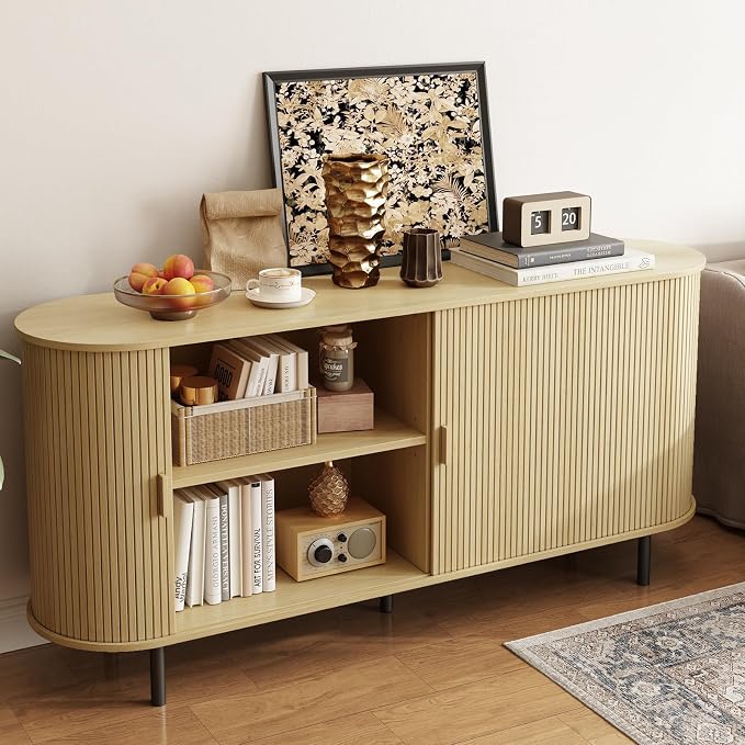 63" Sideboard Buffet Cabinet with Storage, Storage Cabinet with Sliding Door & Adjustable Shelf, Modern Accent Coffee Bar Console Table for Kitchen, Entryway, Oak