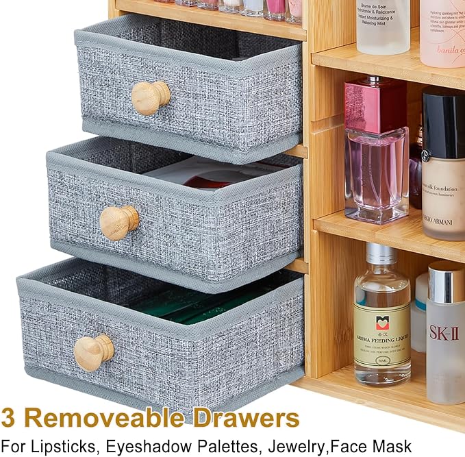 Large Makeup Organizer For Vanity, Large Capacity 3 Tiers Bamboo Bathroom Counter Organizers and Storage, Countertop Makeup Brush Holder, Nail Polish Perfume Stand with 3 Drawers and 10 Compartments