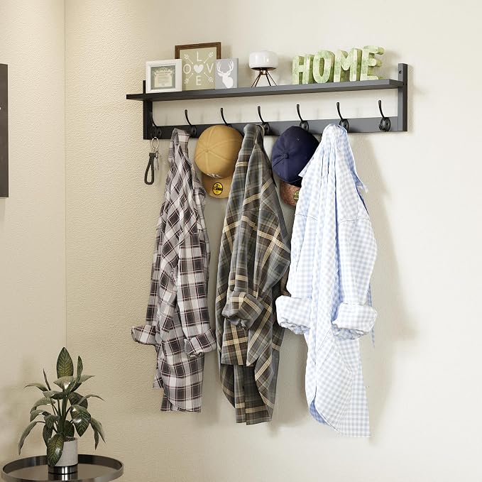 BAMEOS Wall Hooks with Shelf 35 Inch Length Entryway Hanging Shelf Wood Coat Hooks Wall-Mounted Coat Hook Rack with 7 Dual Hooks for Bathroom, Living Room, Bedroom (Black)