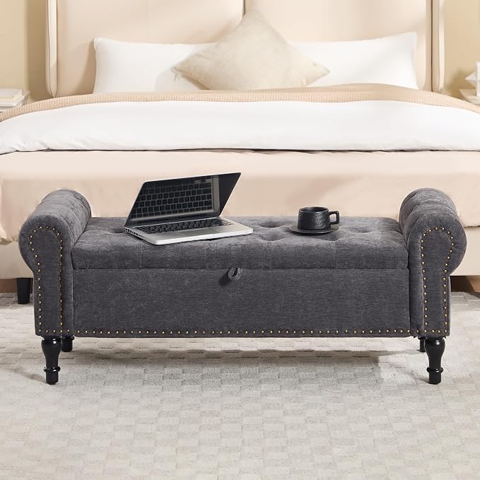 51" Storage Bench for Bedroom, Chenille End of Bed Bench, Queen Size Bench with Rolled Arms, Tufted Storage Ottoman Benches, Upholstered Bench for Bedroom, Living Room, Entryway, Dark Grey