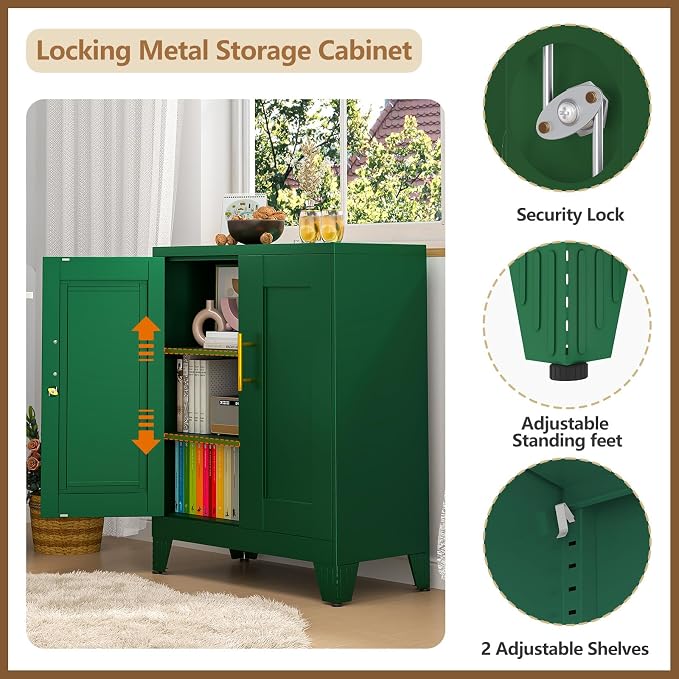 GAIOUS Green Metal File Cabinet with Lock(Two Units), Steel Storage Cabient | with 2 Doors and 2 Adjustable Shelves, Multifunctional Locked Cabinet for Home/Office/Garage/Tool Room, Accent Furniture