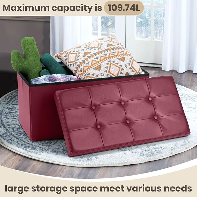 COSYLAND Ottoman Bench with Storage 30x15x15 inches White Ottoman for Room Folding Leather Footrest Footstool Rectangle Collapsible Furniture with Lid for Bedroom Living Room Burgundy