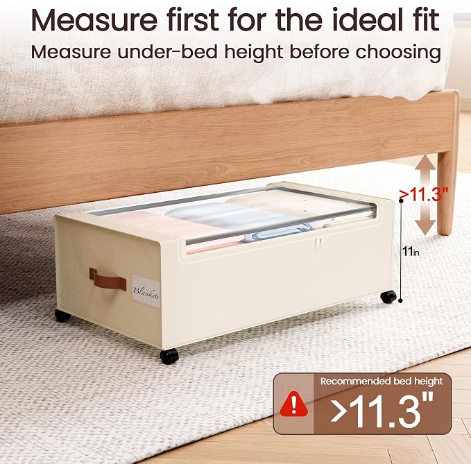 Yecaye 95 L Under Bed Storage with Wheels, 11 in Under Bed Storage Containers, Large Under Bed Shoe Storage with Lids, Rolling Underbed Storage bins for Clothes, Blankets, Beige