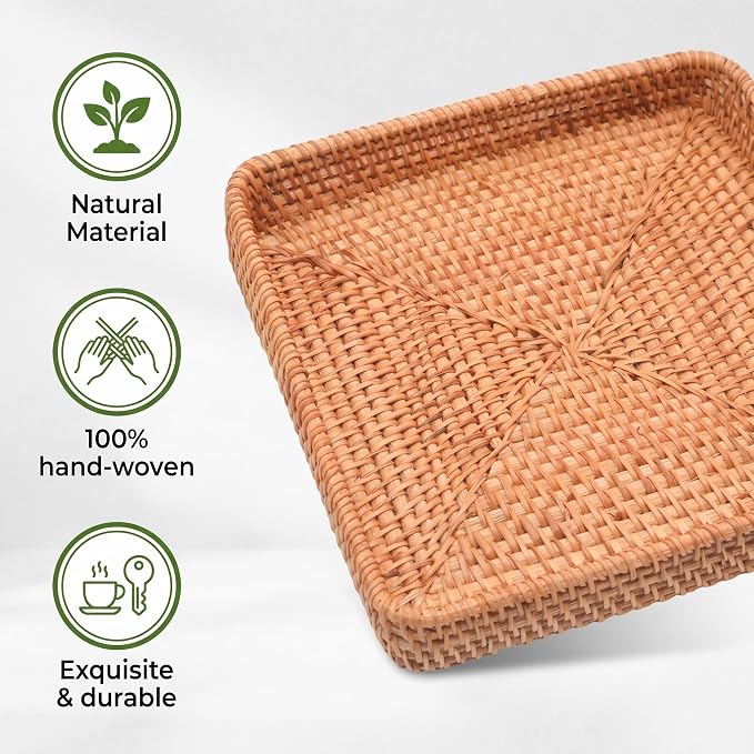 8" Square Rattan Basket Handwoven Wicker Serving Tray | Handwoven Natural Wicker Basket Tray for Entryway Coffee Table Keys Jewelry Remote Vanity Wedding Christmas Housewarming Gift