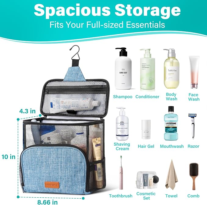 Hanging Toiletry Bag, Shower Caddy Tote Bag (Updated Version, Full Size Bottle Compatible), Bath Organizer for College Dorms, Gym, Camp, Women Men, with Funny Luggage Tag