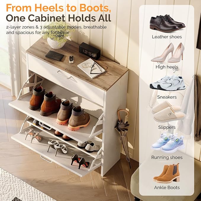 VINGLI Set of 2 Shoe Cabinets Storage for Entryway,2-Pack,Rustic White | 16–24 Pairs,Skirting Board Cutout,Drop-Down Drawer,9.4"D Slim,Farmhouse,2 Flip Drawers,Adjustable & Removable Shelf