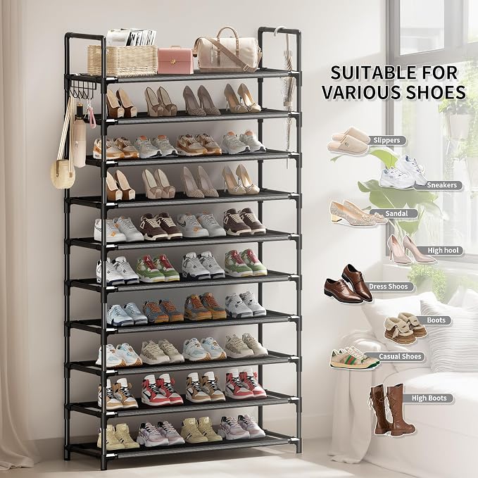 Shoe Rack, 10 Tier Shoe Storage Organizer with Hooks,Fit 40-45 Pairs Shoes,Nonwoven Fabric Tall Shoe Shelf for Closet,Entryway, Hallway,Garage,Bedroom,Cloakroom