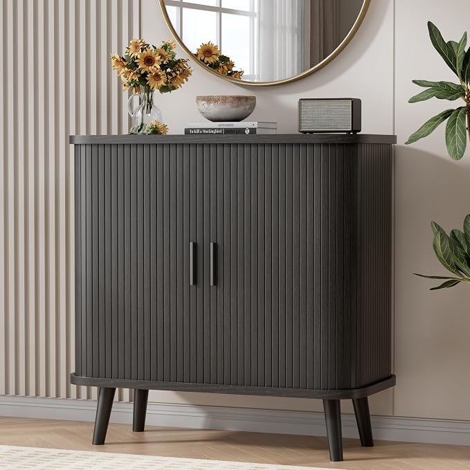BORNOON Buffet Cabinet with Storage, Curved-Edge Fluted Storage Cabinet Sideboard, Modern Black Sideboard Buffet with Adjustable Shelves & Sliding Door for Dining Room, Kitchen, Entryway
