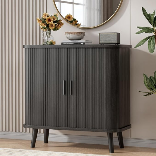 BORNOON Buffet Cabinet with Storage, Curved-Edge Fluted Storage Cabinet Sideboard, Modern Black Sideboard Buffet with Adjustable Shelves & Sliding Door for Dining Room, Kitchen, Entryway