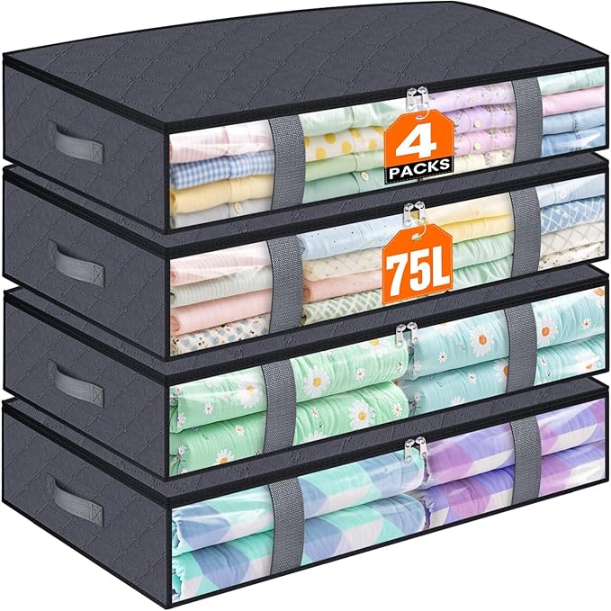 TasticTotes Under Bed Storage Containers, 4 Pack Blanket Storage Bags, Collapsible Storage Bags with Big Zippers, Clear Front, Shoe Storage and Organization for Clothes, Comforter, 75L, Grey