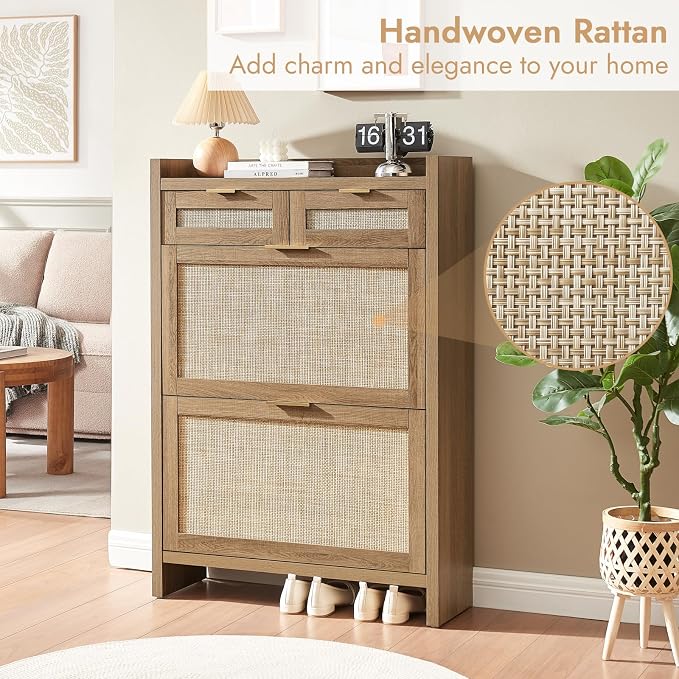 HOKYHOKY Rattan Shoe Storage Cabinet with 2 Drawers & 2 Flip Drawers | Hidden Slim Shoe Organizer, Farmhouse Boho Narrow Shoe Rack, Large Tabletop Space, Entryway, Rustic Oak