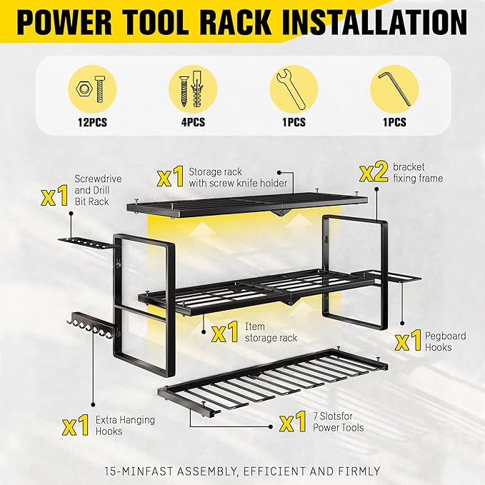 Hipidian Power Tool Organizer Wall Mount- 300lb Heavy Duty 3-Tier Storage Rack with 7 Drill Holders for Garage Tools, Best Birthday Tools Gifts for Men Dad Husband