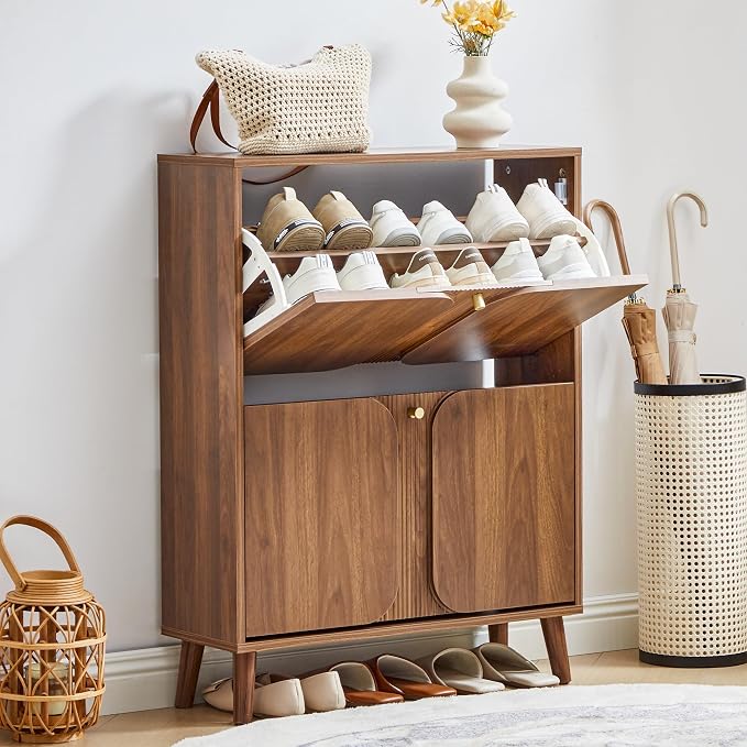 BERRYMERRY Shoe Storage Cabinet with 2 Flip Drawers with Fluted Recessed | narrow,entryway,16 pairs shoe,shoe organize,hidden shoe rack,fluted panel,wave pattern,wood,space saving