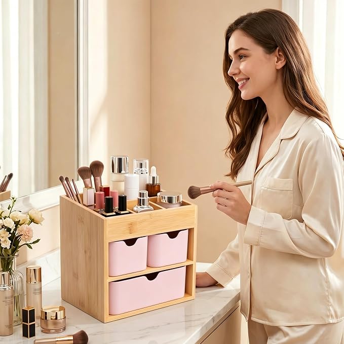 Bamboo Makeup Organizer with 3 Pink Drawers | Dresser Cosmetic Organizer Box Bamboo Desk Organizer for Home, Adjustable Dividers 3 Drawers