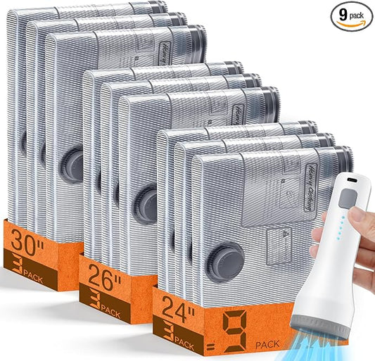 Vacuum Storage Bags for Travel with Cordless Pump, Space Saver Bags for Clothes, Compression Packing Bags for Luggage, 9 Combo Size
