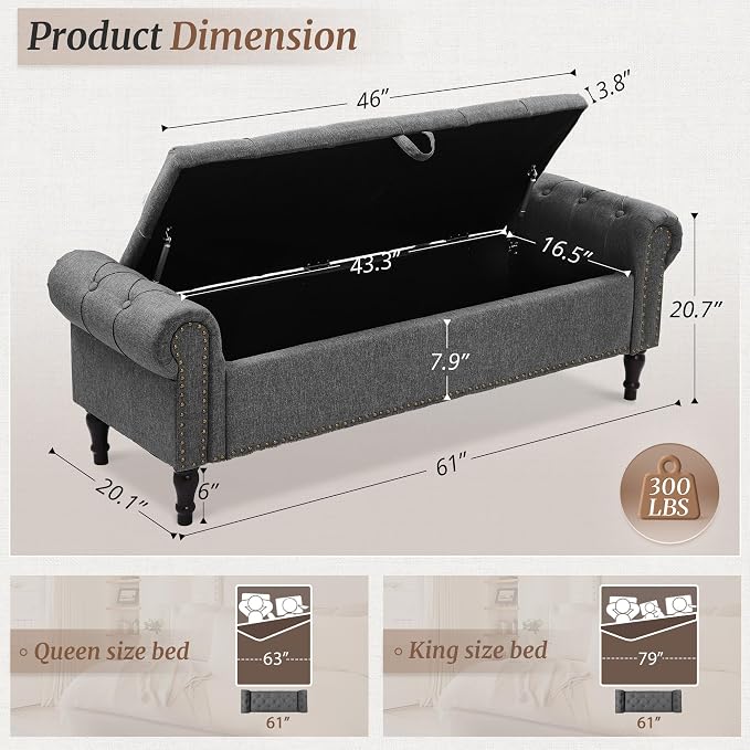 Storage Bench Ottoman, 61" Long King Linen Rolled Arm Bedroom End of Bed Bench, Window Bench with Button Tufted and Nailhead Trim for Foot of Bed Bench, Bedroom, Entryway, Living Room, Gray