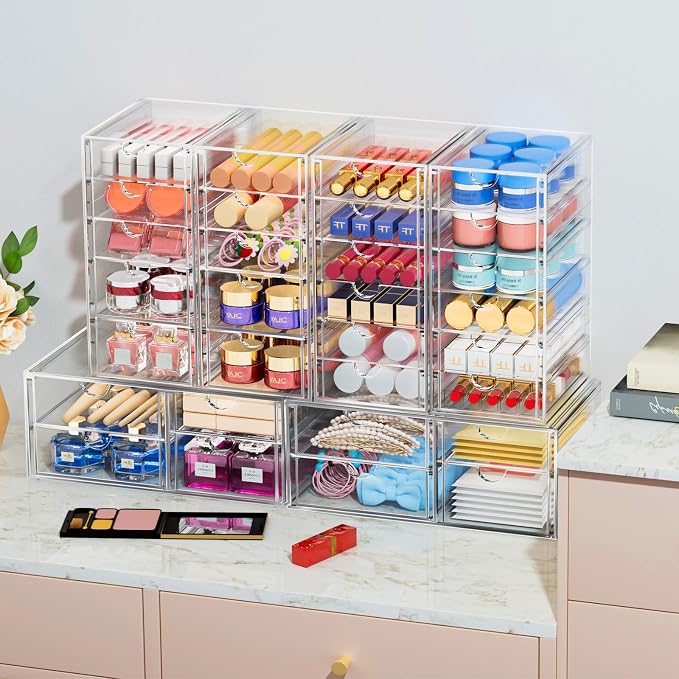caktraie Acrylic 2-Pack 7-Drawer Makeup & Storage Organizer for Bath,Desk | Smooth-glide drawers, clear body, dustproof, wipe clean, for office supplies, pens, rings, earrings, tweezers, cotton swabs