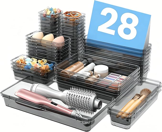【Military Grade】A-LuGei Drawer Organizer,【𝟱𝗦𝗶𝘇𝗲】Makeup organizer,【Holds 177 Items】Bathroom Organizers and Storage,Organization and Storage,Desk Drawer Organizer for Vanity【Clear Black】