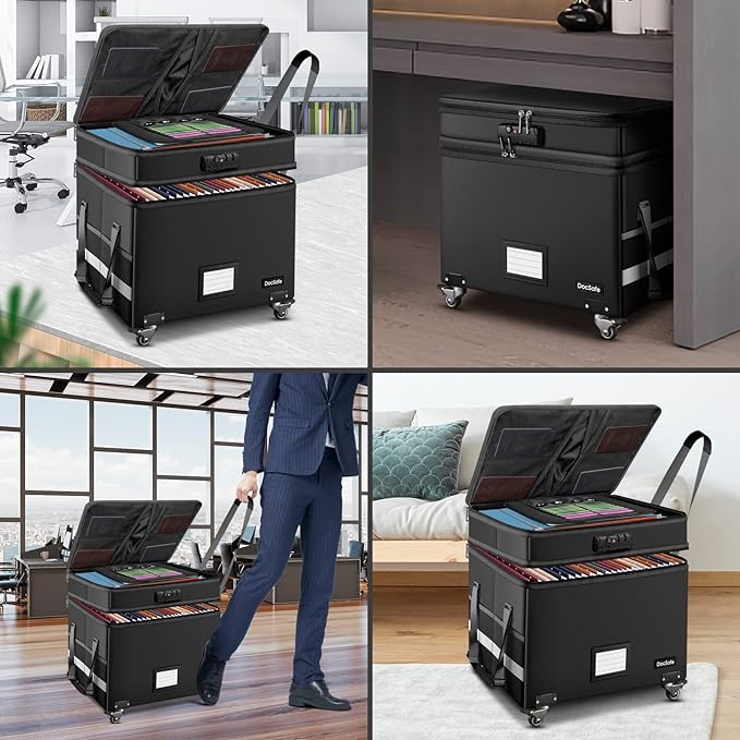 DocSafe Fireproof Document Box with Lock,2-Layer File Box with Wheels,Collapsible File Storage Organizer with Pockets,Large Portable Home Filing Cabinet for Hanging Folders,Black,16''x13.8''x12.2''