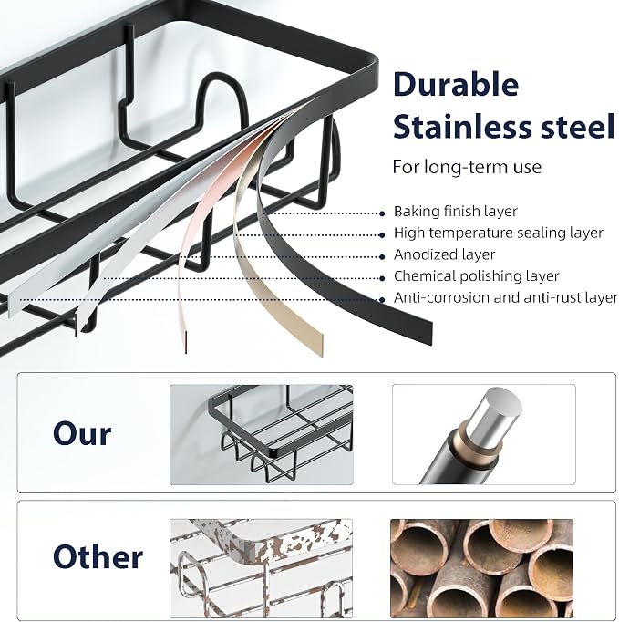 Shower Caddy Organizer with Hooks,Self Adhesive Bathroom Shelves,No Drilling Bathroom Organizers and Storage,Perfect for RV, Apartment, Home Decor,Black 4PCS