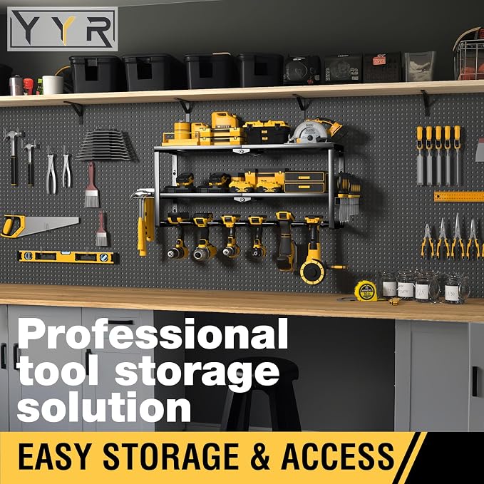 YYR Heavy Duty Power Tool Organizer Wall Mount, Cordless Drill Hanger Storage Rack, Battery Tools Holder with Charging Station Shelf for Garage Organization, Workshop, Pegboard, Shed - 24 Inch 6 Slots