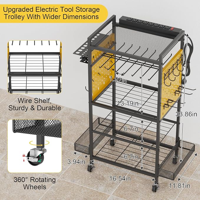 Power Tool Organizer Cart with Charging Station, Heavy Duty Garage Tool Organizer Rolling Tool Battery Storage with 8-Outlet Power Strip, a 6.5-FT Cord,4 Wheels, 2 Hanging Baskets, Hooks ,Yellow