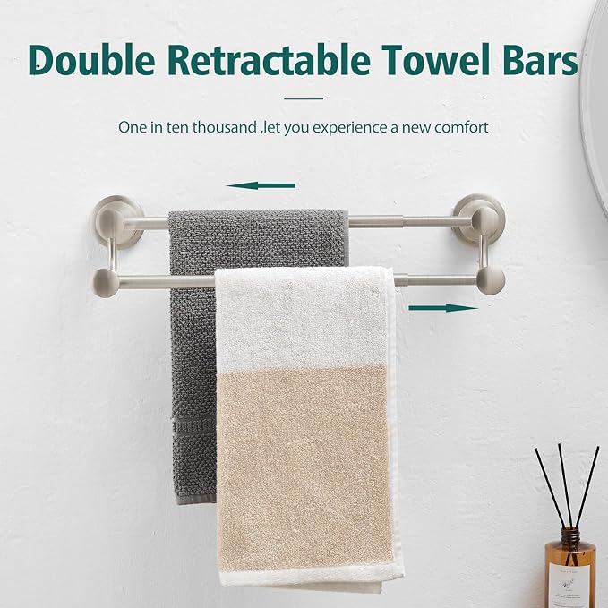 Hoimpro Double Towel Bar Towel Rack for Bathroom Wall Mount Brushed Nickel | Adjustable 16-26 In,Wall Mounted Towel Holder, Stainless Steel, Rustproof, Towel Bar Rod Hanger Hardware Accessories Hotel