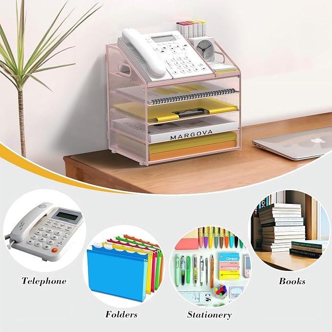 5 Tier Mesh Desk Organizer with Pen Holder and Handle Letter Tray | Metal desktop document shelf and paper sorter. Premium mesh workspace storage for office, home, and classroom