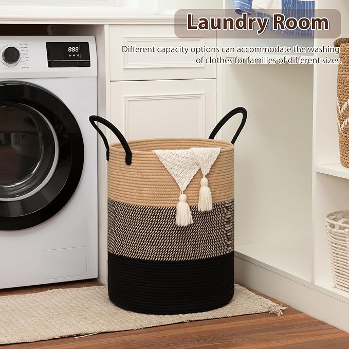 OIAHOMY Large Laundry Basket Hamper - 80L Cotton Rope Woven Basket for Blankets, Toys, Clothes - Tall Decorative Nursery Hamper with Long Handles, Yellow/Black