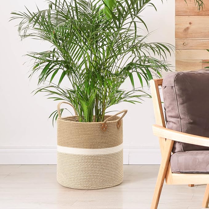 CHICVITA Large Wicker Storage Basket with Leather Handles, 16" x 16", White | Decorative Woven Basket for Toys, Shoes, Blankets & Laundry Storage, Living Room & Bedroom Organizer, Indoor Plant Basket