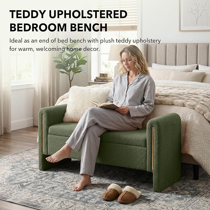 52" Flip-Top Storage Ottoman Bench, Teddy Entryway Bench (Green) | Teddy Fleece Upholstered End of Bed Bench with Armrests, Soft Padded Window Bench for Living Room Bedroom Entryway