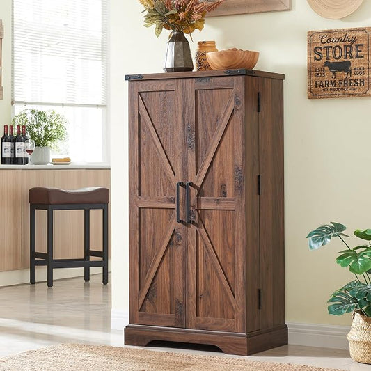 47" Tall Wooden Pantry Storage Cabinet with Door Shelves | Farmhouse, Barn Doors, Adjustable Shelves, Freestanding, Anti-tip Kit, for Kitchen, Dining Room, Living Room