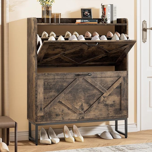 Nicetree Shoe Cabinet with 2 Flip Drawers, Entryway Organizer, Chestnut | Slim Wood Shoe Rack with Metal Legs, Farmhouse Shoe Cabinet Storage for Entryway, Foyer, Hallway, Shoe Dresser with Hook