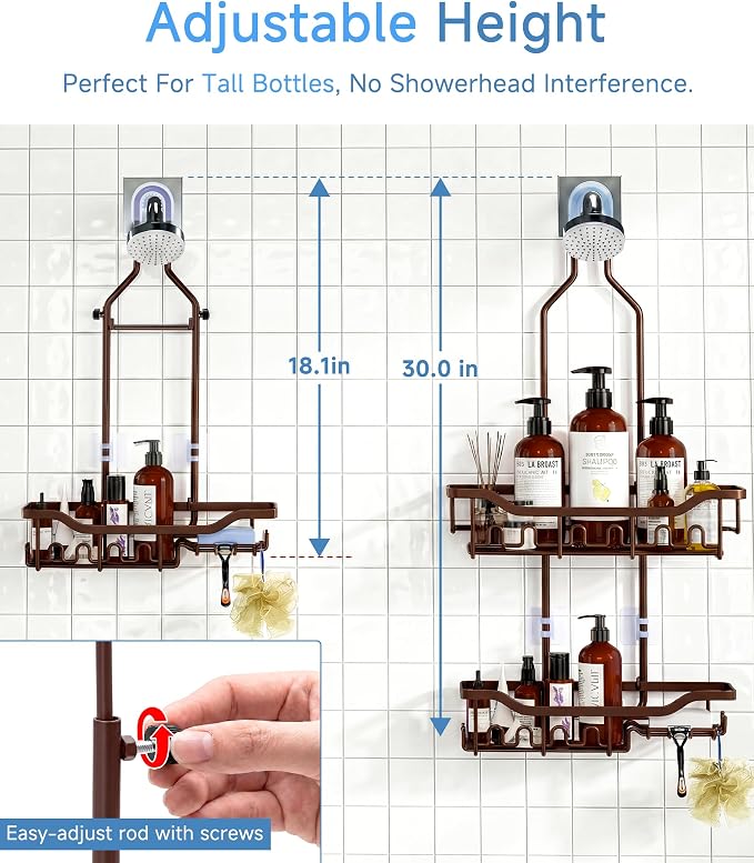 Upgraded Extended Length Shower Organizer with Hooks, Rustproof Shampoo Soap Holder, Large Hanging Bathroom Caddy, Brown
