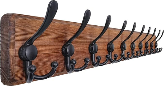 Coat Rack Wall - Heavy-Duty 38-1/4" Long, with Reinforced 10 Custom Tri-Hooks, Solid Wood Wall Hanger for Coats Hat Jackets - Rustic Farmhouse Entryway Hallway Storage, Natural & Black