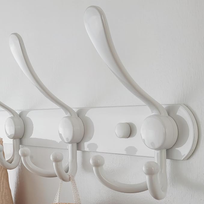 Dseap Wall Mounted Coat Rack - 5 Tri Hooks, Heavy Duty, Stainless Steel, Metal Coat Hook Rail for Coat Hat Towel Purse Robes Mudroom Bathroom Entryway,White