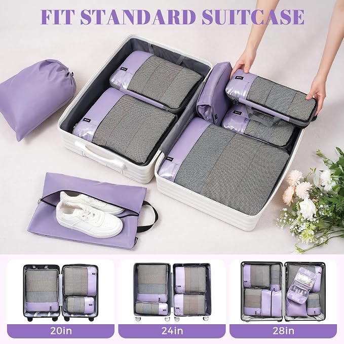 BAGAIL 4 Set/6 Set/8 Set Compression Packing Cubes Travel Accessories Expandable Packing Organizers(HalfMesh,8-Dusty Purple)