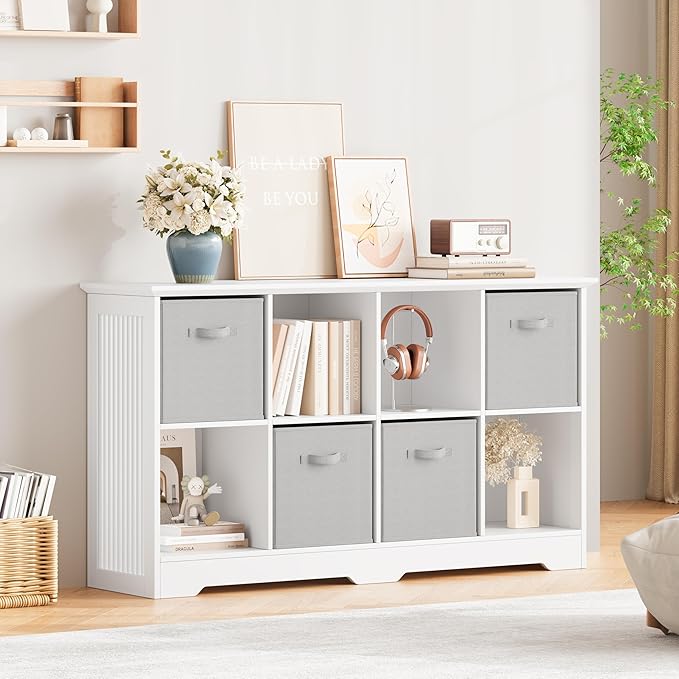 8 Cube Storage Organizer Shelf, Wood Cubby Storage with 4 Fabric Drawers | 2 Tier Wooden Bookshelf with 2 Adjustable Shelves, Fluted Side Panels Bookcase for Bedroom, Living Room, Home Office, White