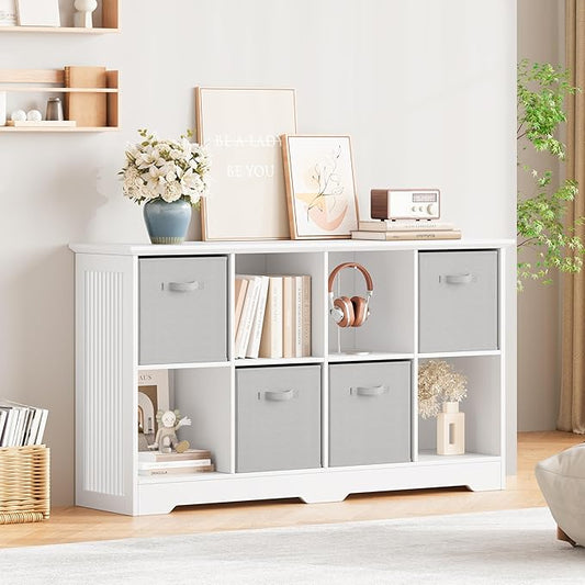 8 Cube Storage Organizer Shelf, Wood Cubby Storage with 4 Fabric Drawers | 2 Tier Wooden Bookshelf with 2 Adjustable Shelves, Fluted Side Panels Bookcase for Bedroom, Living Room, Home Office, White