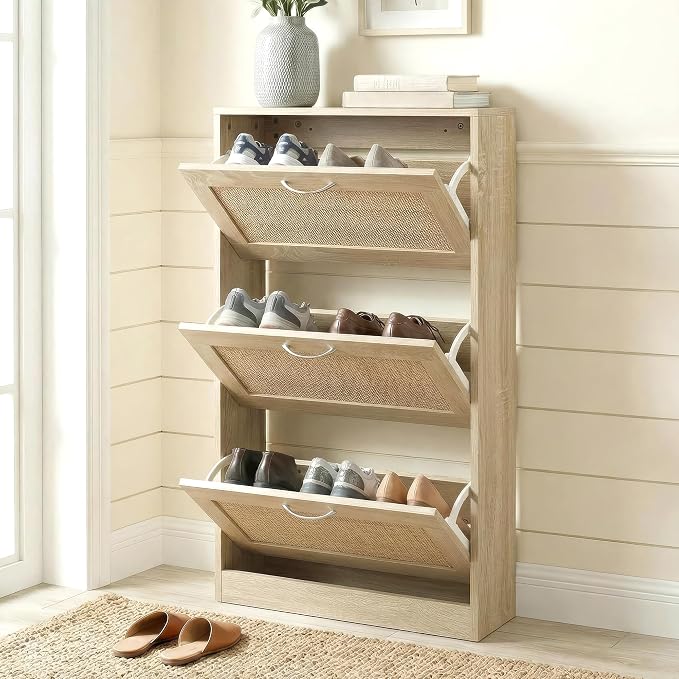HOPUBUY Shoe Cabinet for Entryway, Narrow Shoe Storage with 3 Flip Drawers | Wood Slim Shoe Rack, 3 Tier Thin Shoe Organizer for Home and Apartment,Nature Rattan