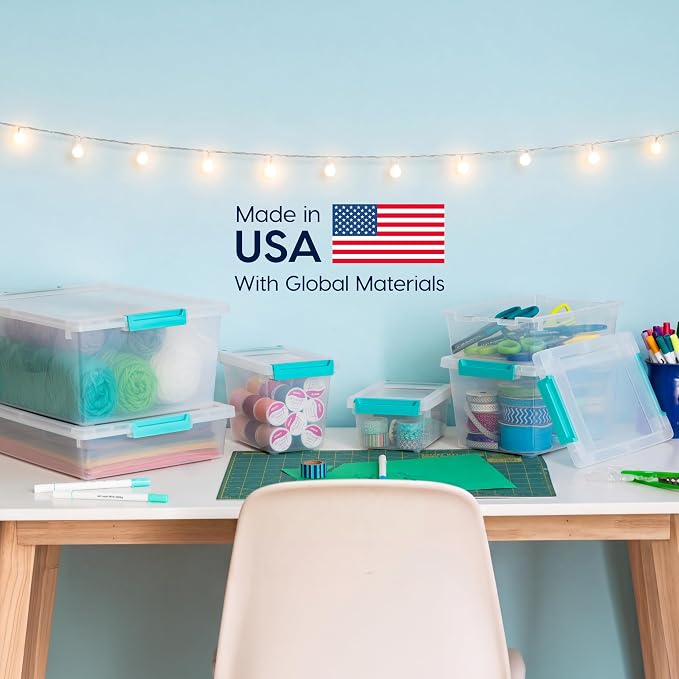 IRIS USA Storage Bins with Lids |Made in USA| 6 Qt - (4-Pack) - Clear | Sensory Craft Organizers, Plastic Clip Box Totes, Flat Containers for Organizing Paper, Office, Art & Study Supplies