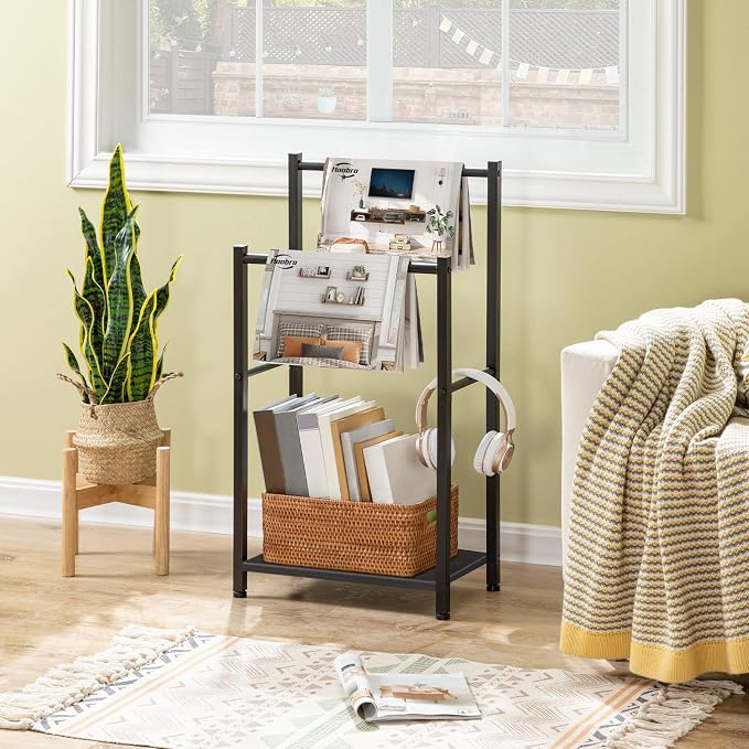 HOOBRO Free Standing Towel Rack for Bathroom, 16.5" L x 9.4" W x 31.5" H, 2 Tier Blanket Rack, Blanket Holder, Drying and Display Rack with Shelf, Black BB02LB01