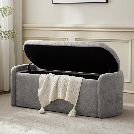 VKNOW 46" Oval Storage Ottoman Bench, Upholstered End of Bed Bench Ottomans Bench Foot Rest, Sherpa Storage Bench for Bedroom, Living Room and Hallway, Light Grey