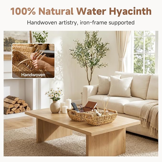StorageWorks Hand-Woven Small Wicker Baskets, Water Hyacinth Storage Baskets with Wooden Handles, 2-Pack