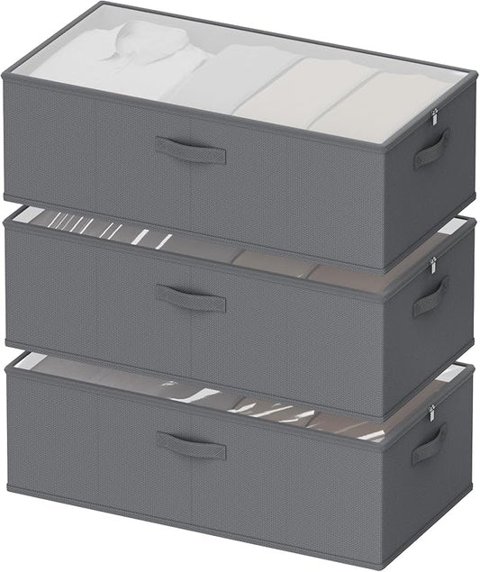 10inch 3 Pack Under Bed Storage Containers, 10 Inch Tall Underbed Clothes Storage Organizer Bin with Clear Window，Foldable Box Basket for Clothes, Closet, Bed Sheets and Blankets Gray