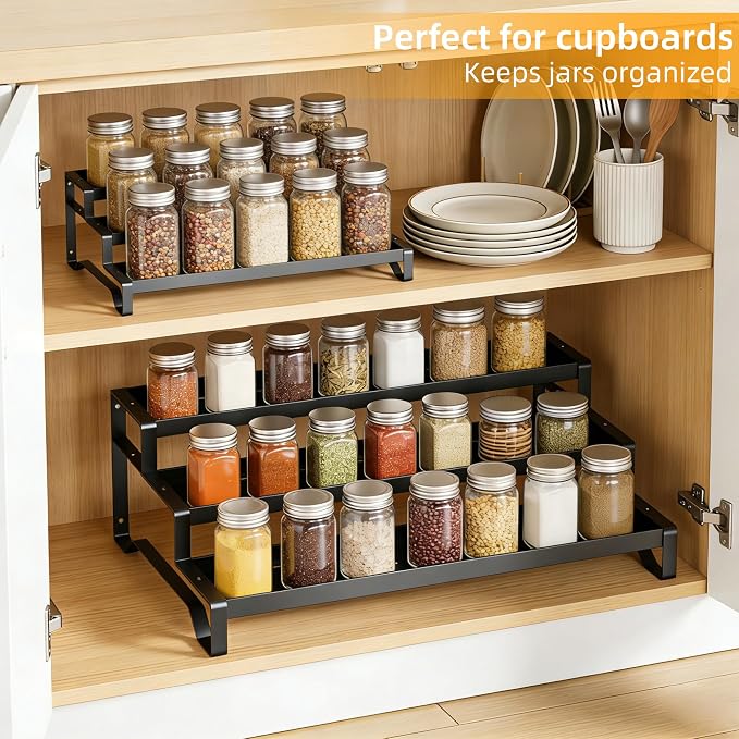 Spice Rack Organizer for Cabinet, 13-21.5" Expandable Spicy Shelf | 3-Tier Metal Seasoning Organizer, Kitchen Spice Organization, Slip-Resistant Guardrails for Jars, Bottles and Cans, Black