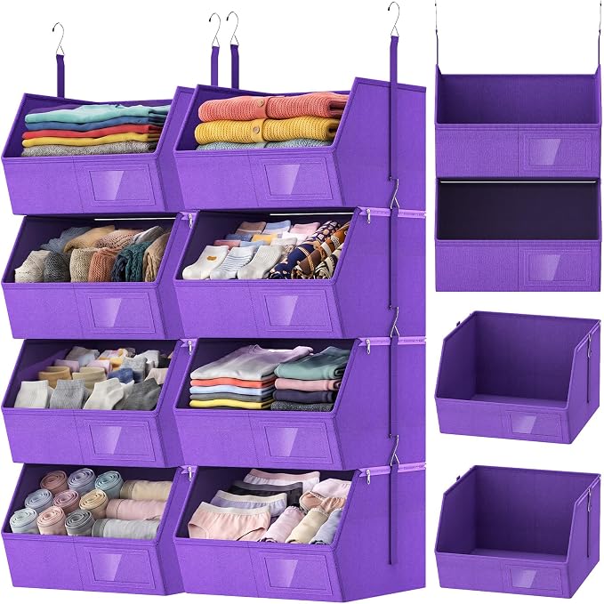 2 Pack 4-Tier Hanging Closet Organizer, Detachable Hanging Storage Shelves with Reinforced Side Panels, Hanging Closet Organizer for Clothes, Sweaters, Towels, Socks & Accessories, Purple