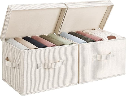 StorageWorks Closet Storage Bins, Fabric Storage Bins with Lids | Flip-Top Lid, 3 Handles, Collapsible, Stackable, for Clothes Blankets, Multi-Purpose, Medium, Khaki and Beige Stripes, 2-Pack